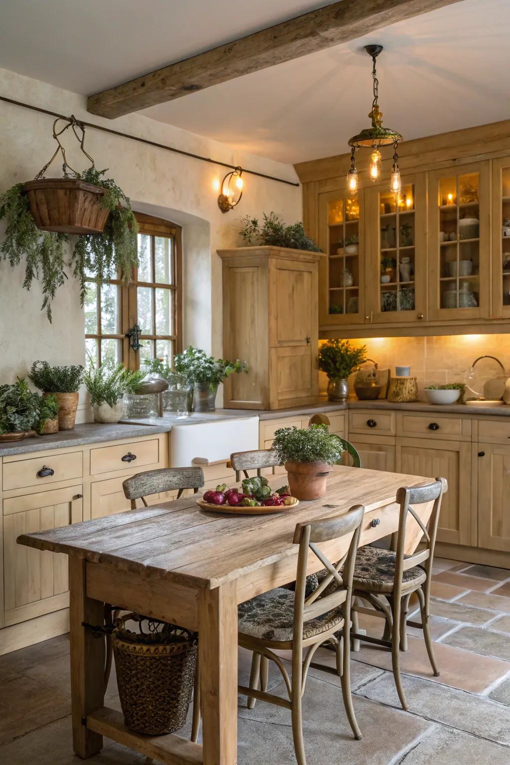 Vintage fixtures add character to a kitchen with light wood cabinets.