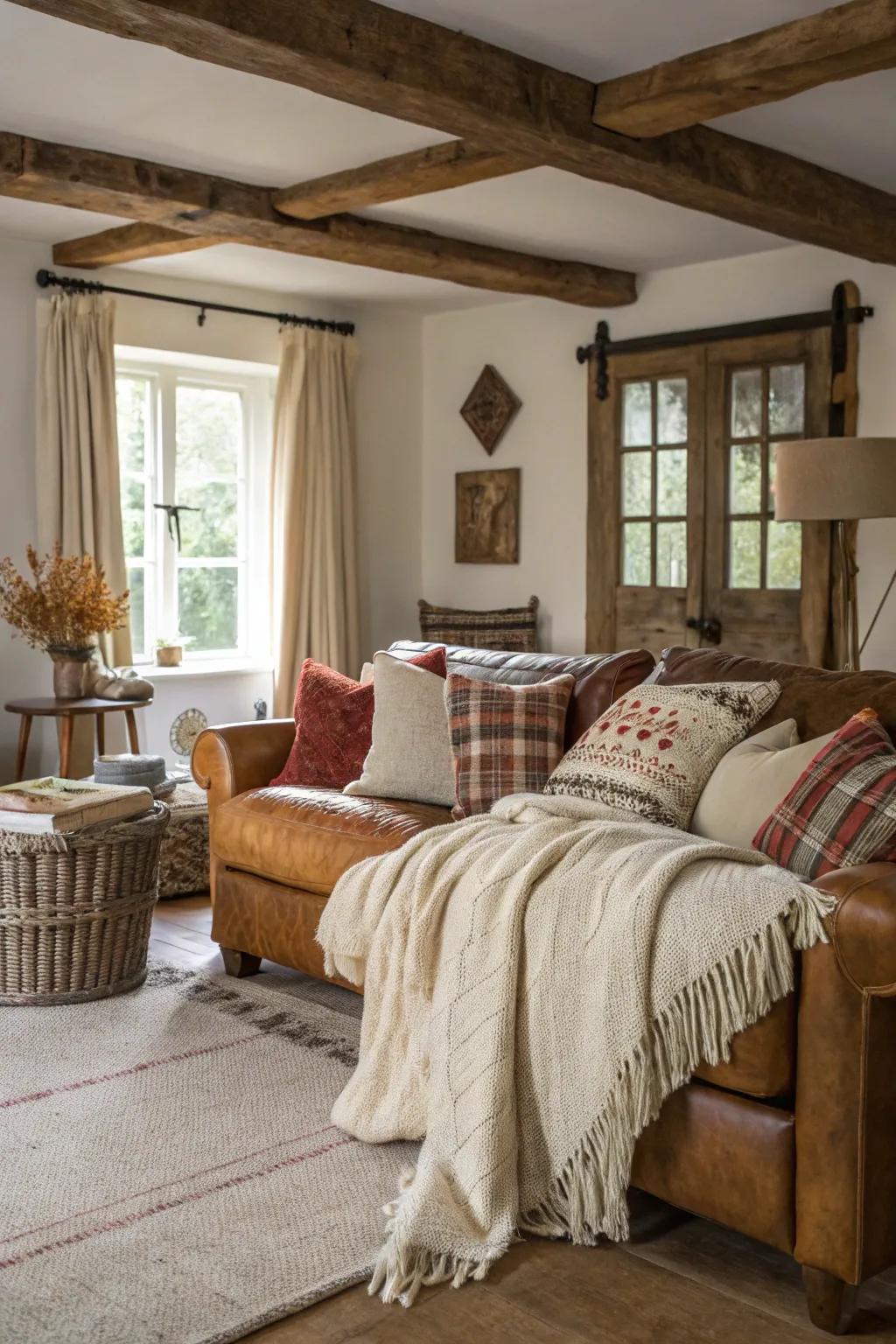 Layered fabrics bring warmth and depth to this welcoming country house family room.