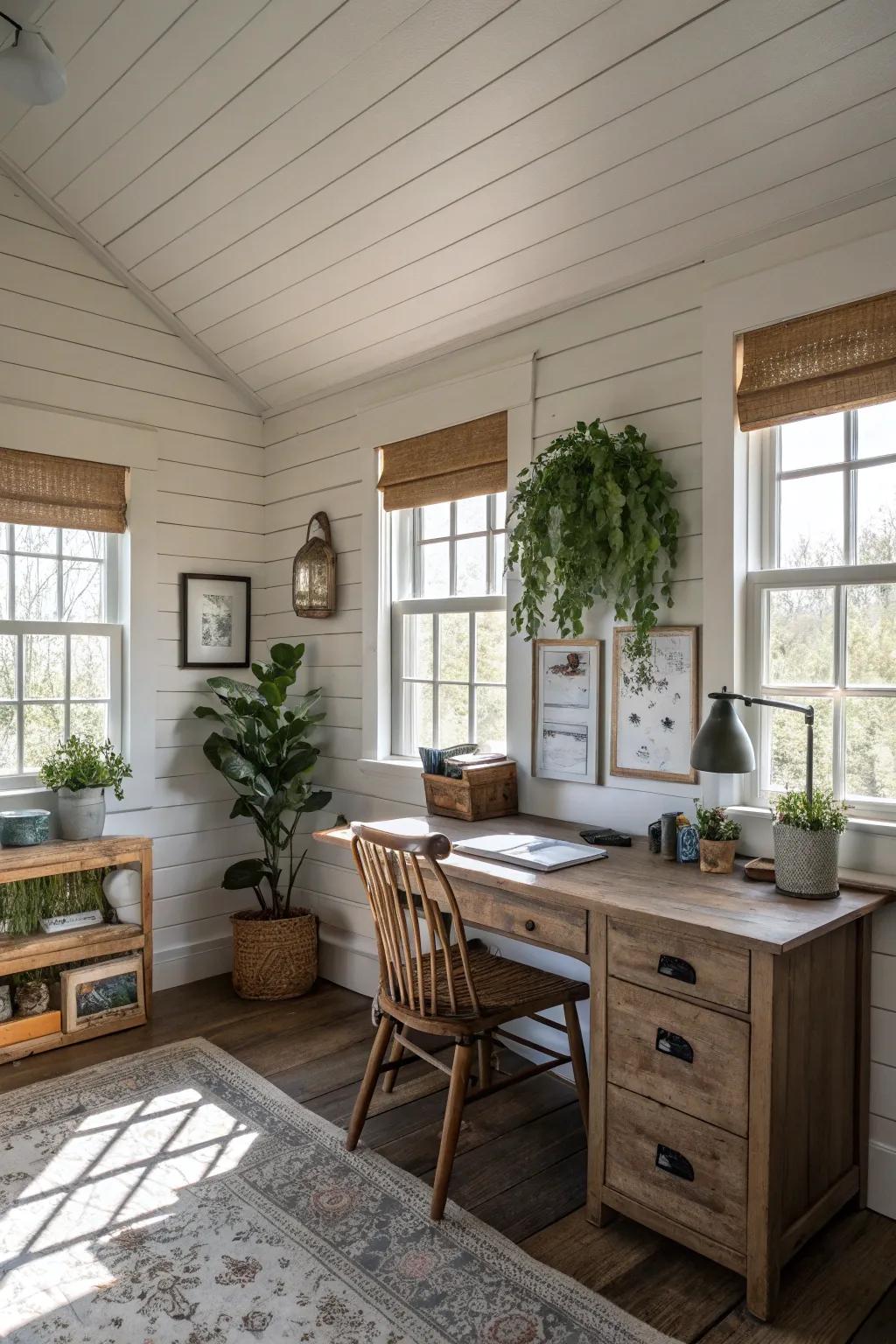 Horizontal wall paneling creates a bright and welcoming office.