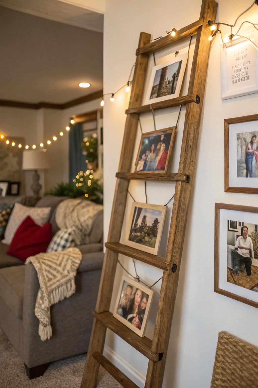 Family photos create a warm display on a rustic ladder
