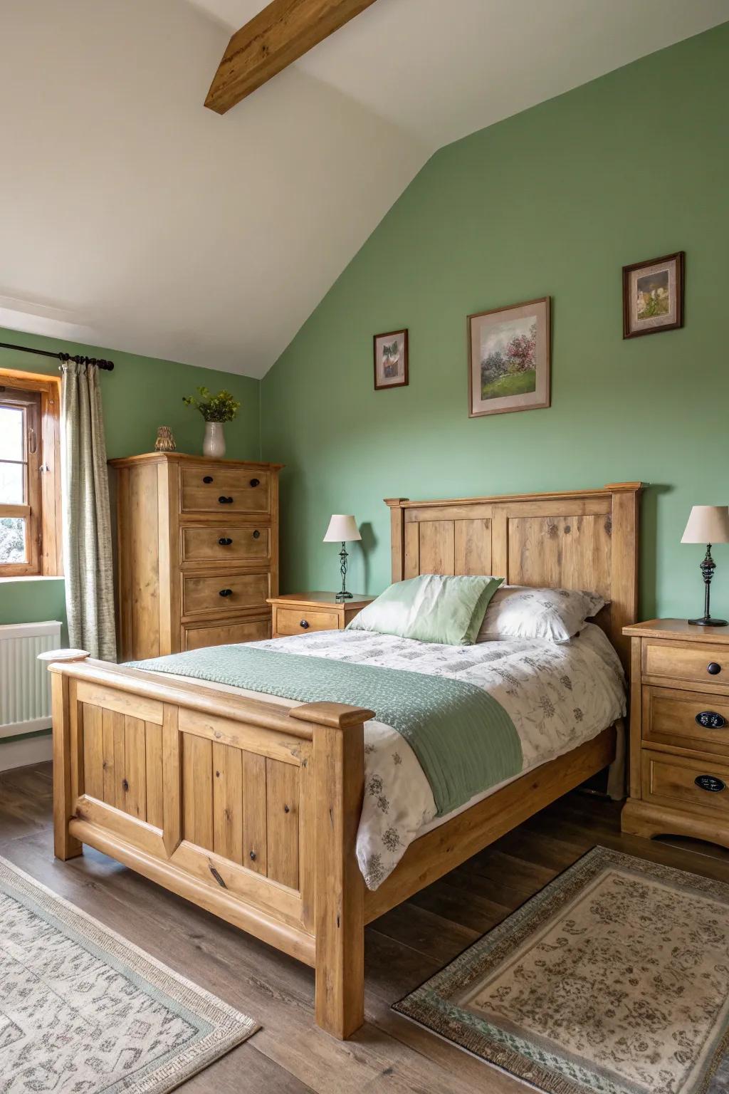 Soft green walls fashion a soothing bedroom escape.