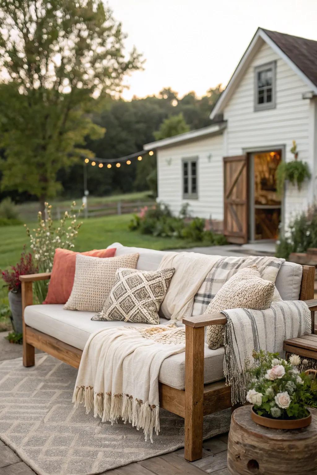 Comfy fabrics add a layer of comfort to a farmhouse patio.