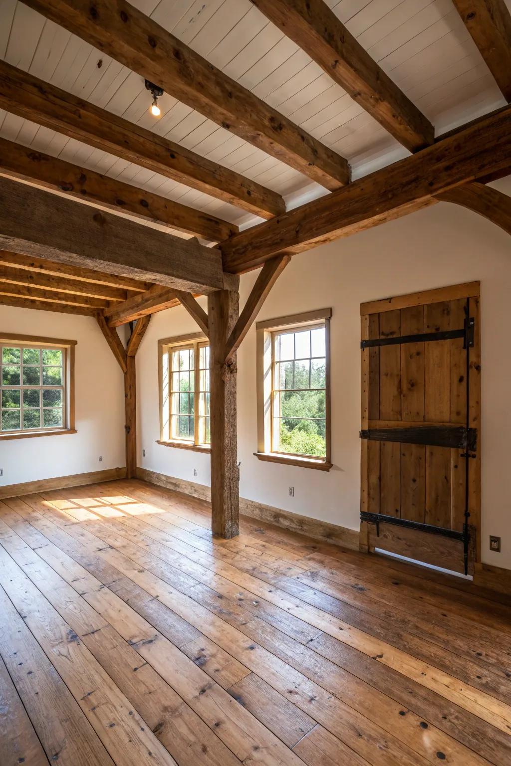 Rustic wood elements that define farmhouse design.