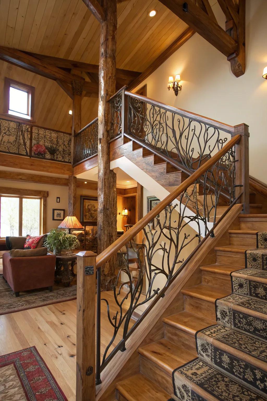 The natural world comes inside with nature-inspired railings.