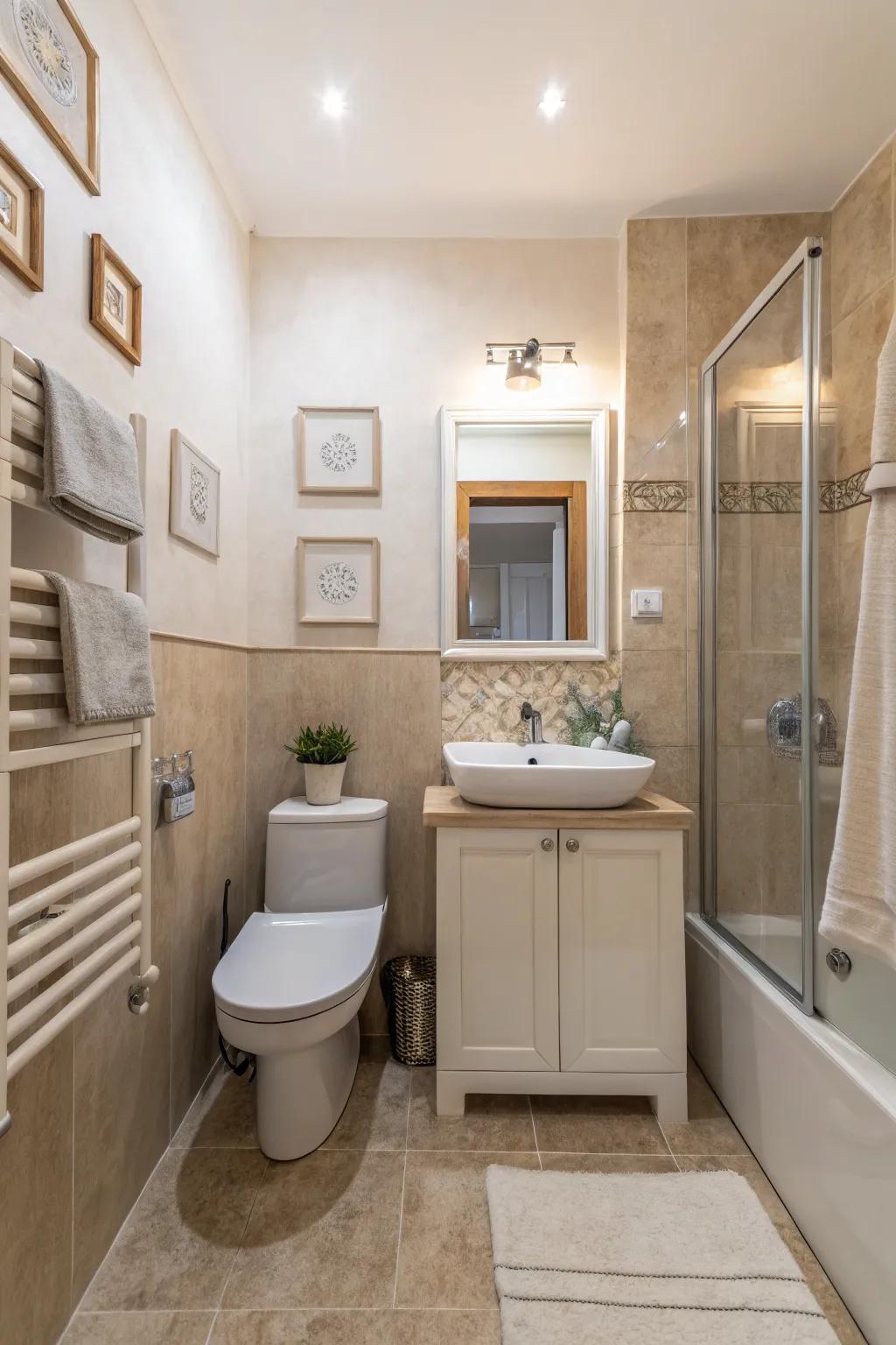 Understated colors cultivate a tranquil and spacious vibe in this compact farmhouse bathroom.