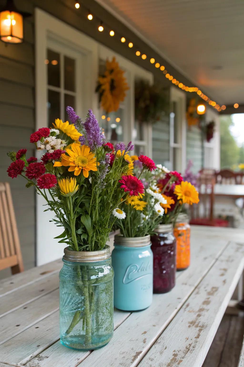 Flower-filled glass jars offer a sweet and thrifty solution for a centerpiece.