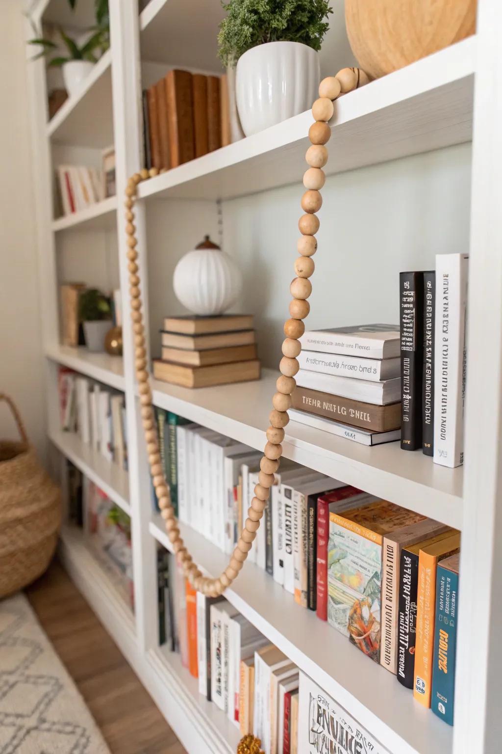 Wood bead garland draping a cozy bookshelf.