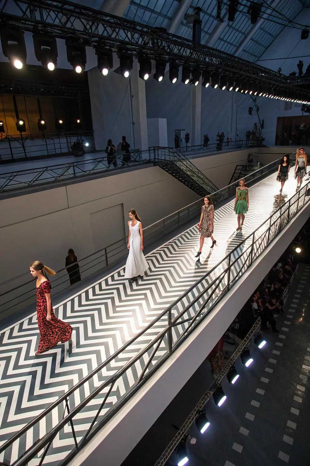 A raised zigzag runway provides a unique viewpoint for fashion show guests.