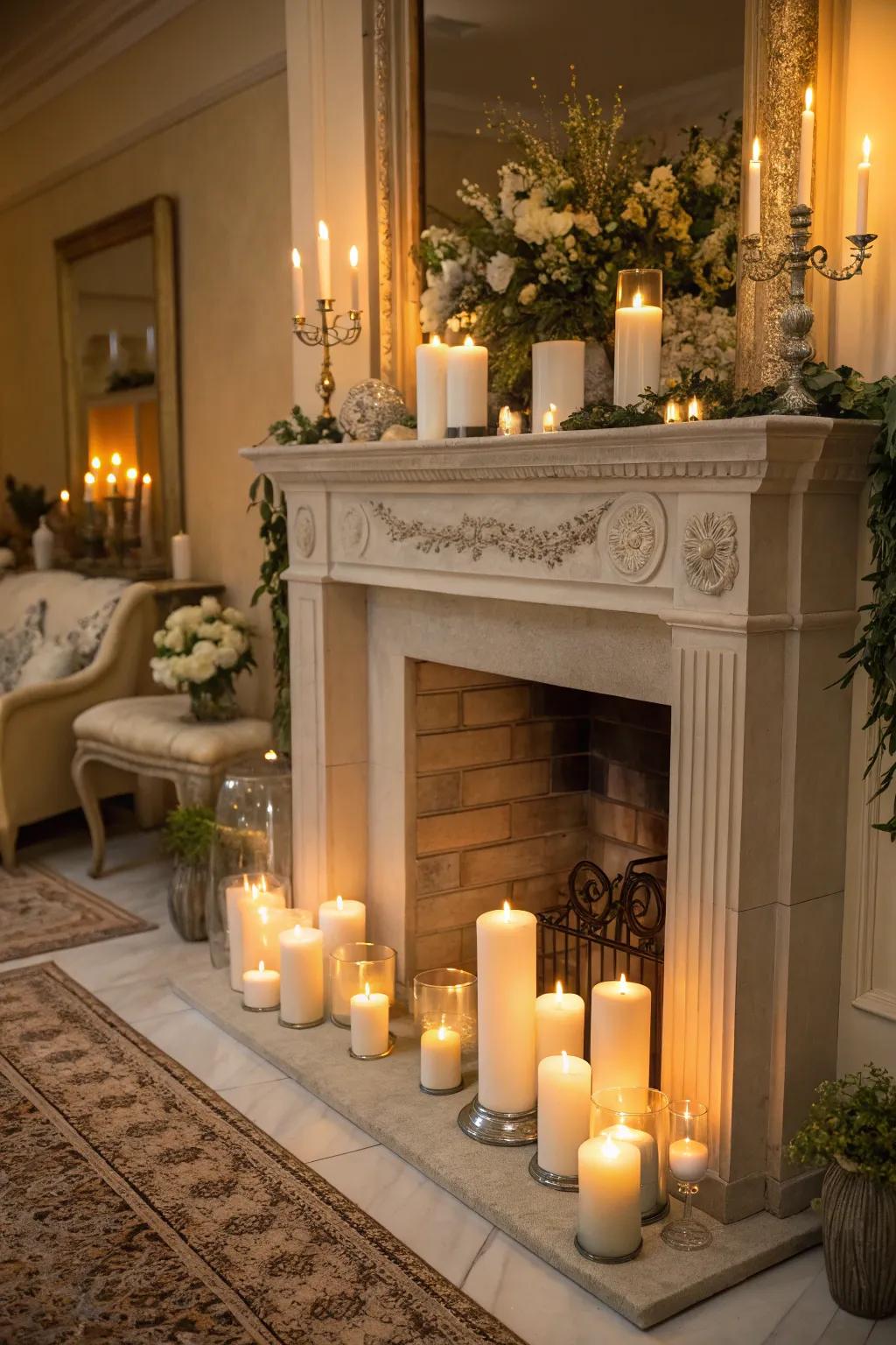 An imitation fireplace shining warmly from numerous thick candles.