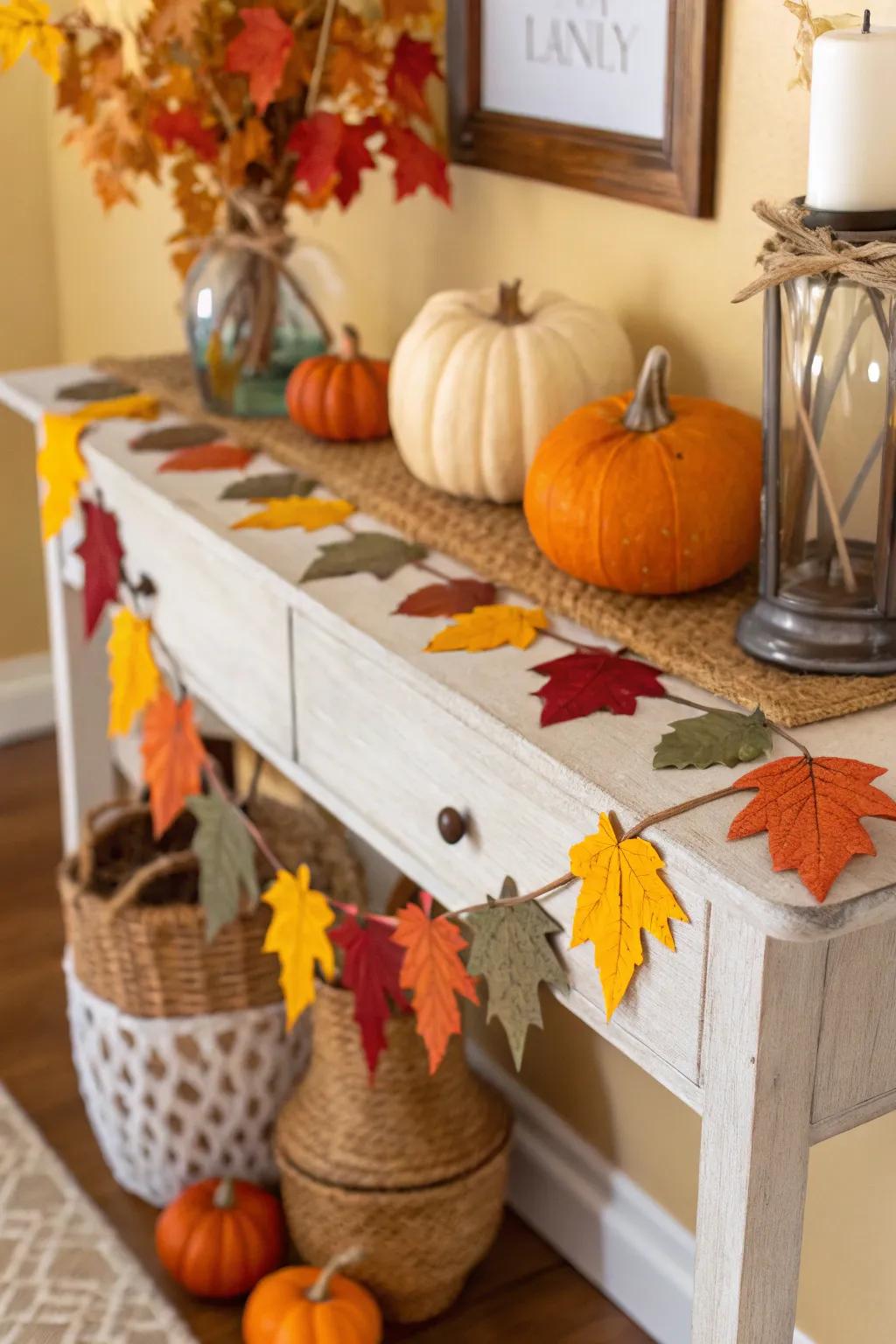 Felt leaf garlands fashion an inviting autumnal scene in any entryway.