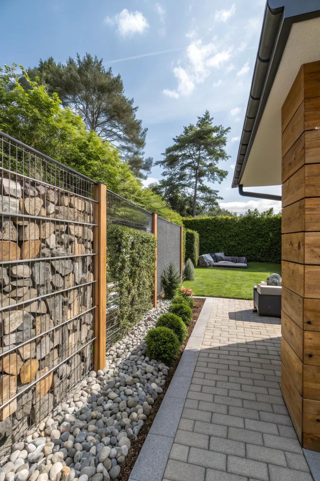Gabion walls present a countryside yet modern look using raw stones.