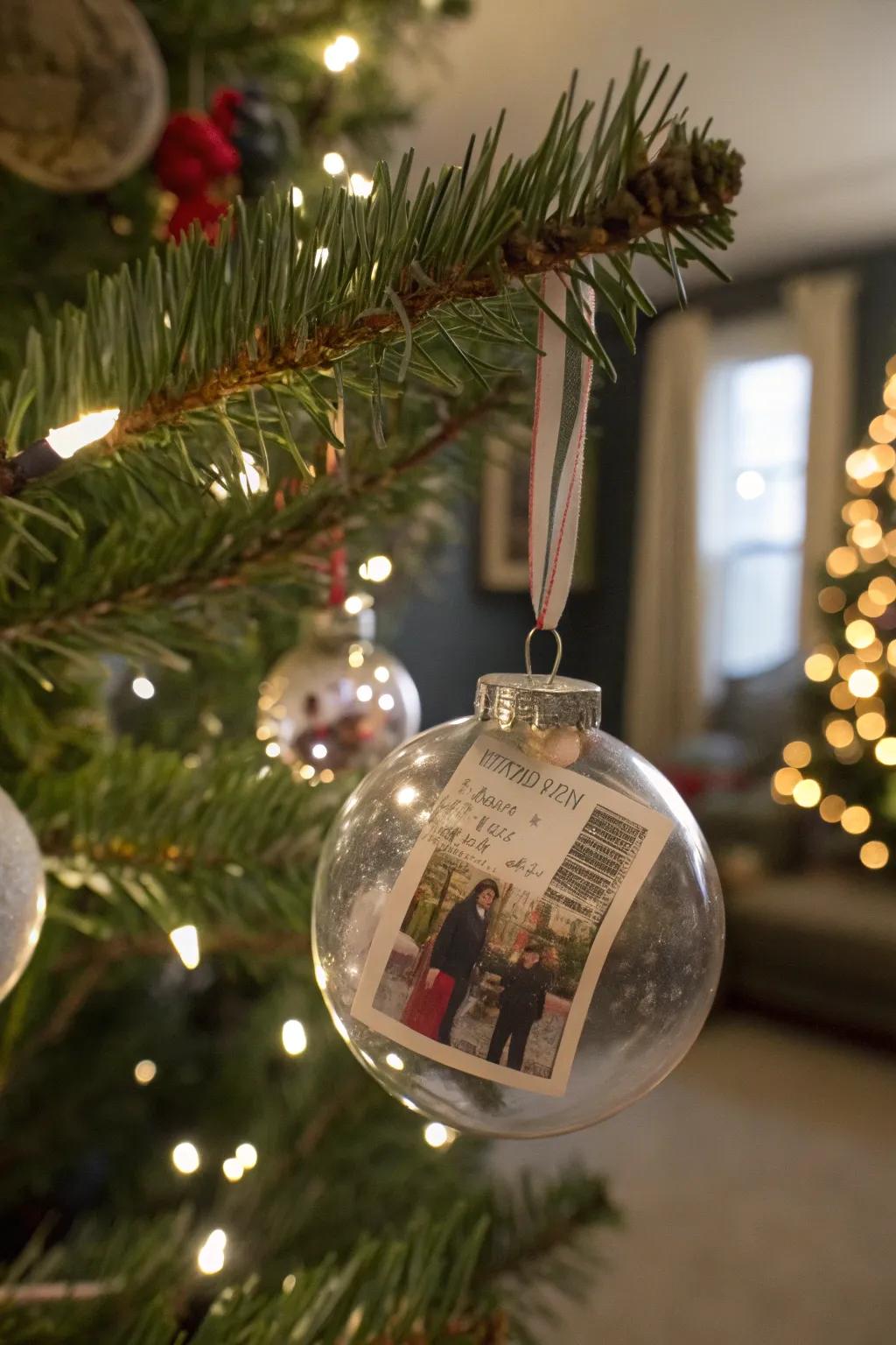 Ornaments containing miniature mementos like pictures and entry tickets.