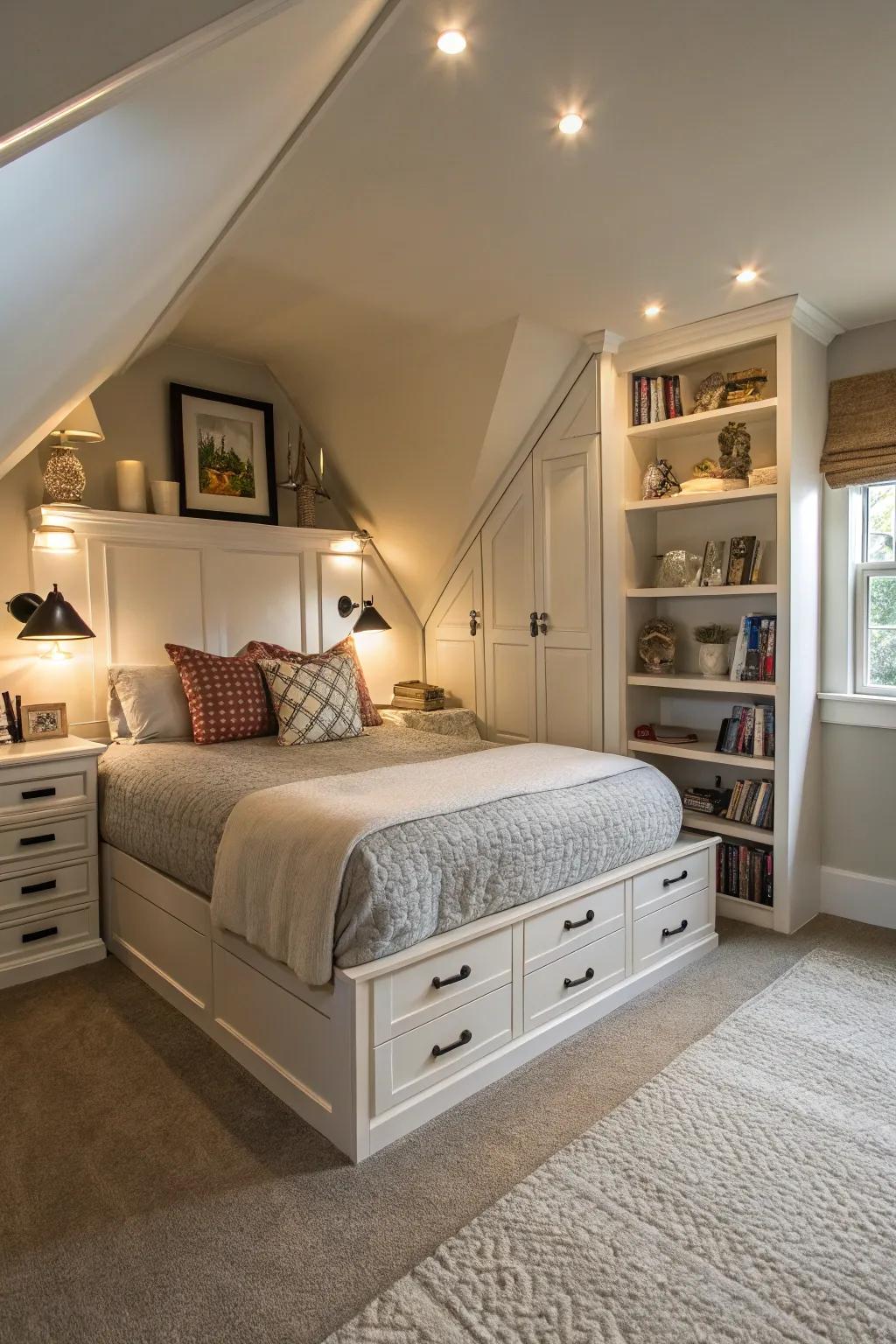 A charming and welcoming guest bedroom nestled in the attic.