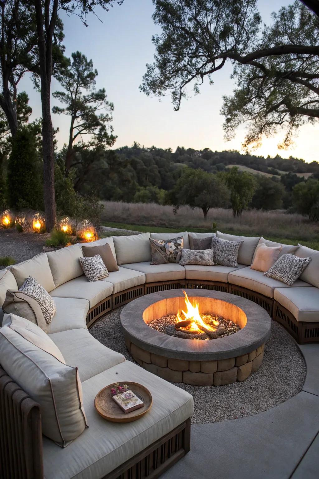 Curved seating with Modular sofas draws everyone closer to the fire.