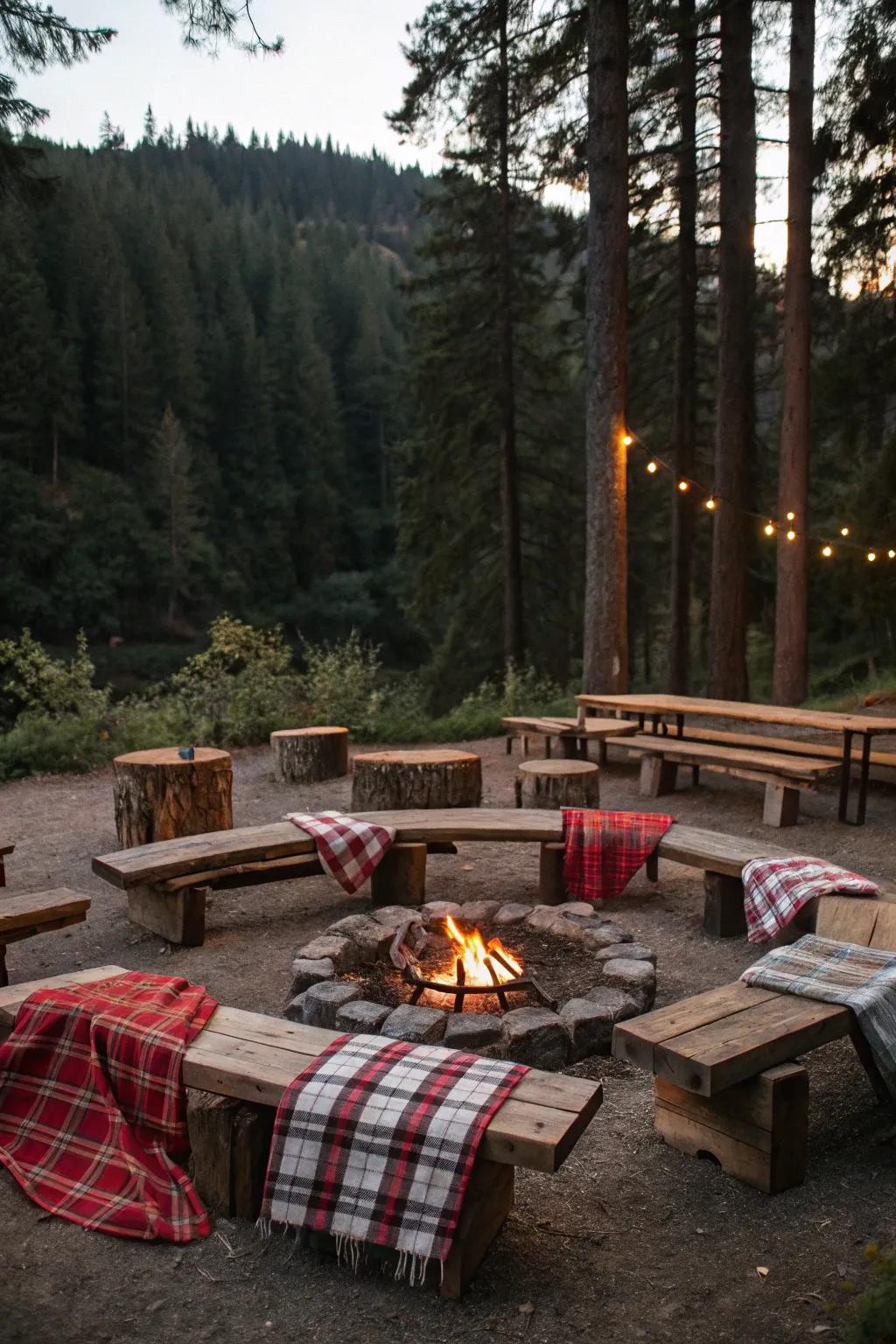 Earthy wood benches bring a nostalgic flair to your fire pit area.