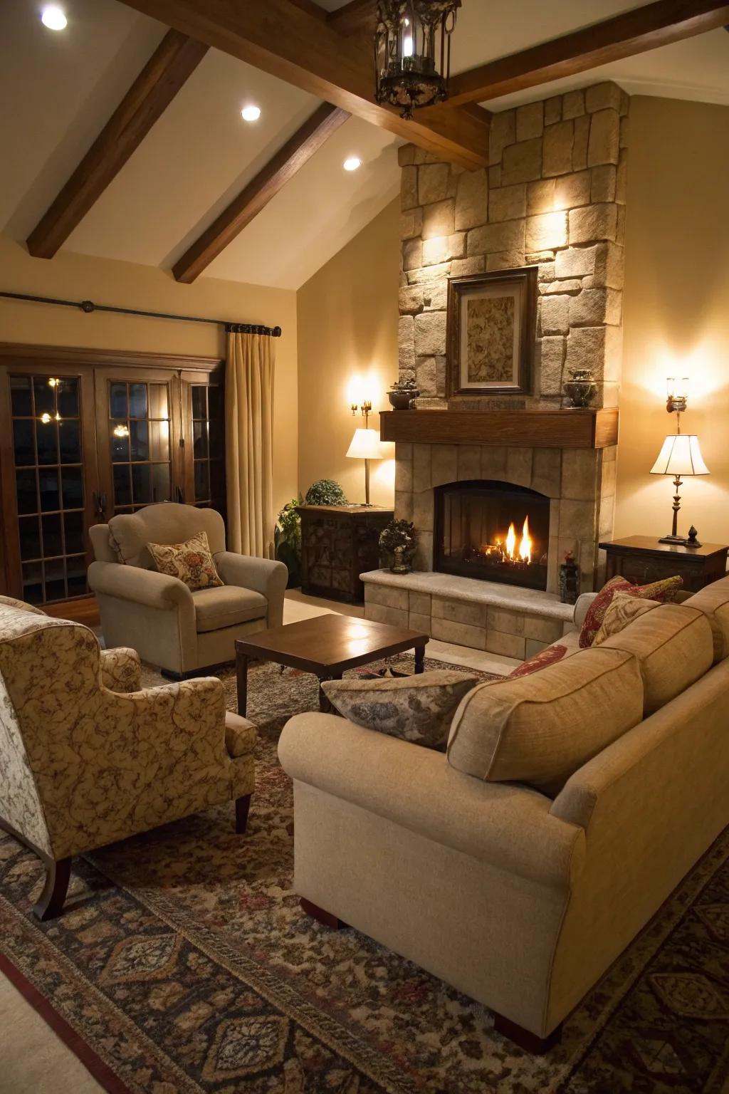 A cozy living room setup with sofas and armchairs facing the fireplace, perfect for relaxation.