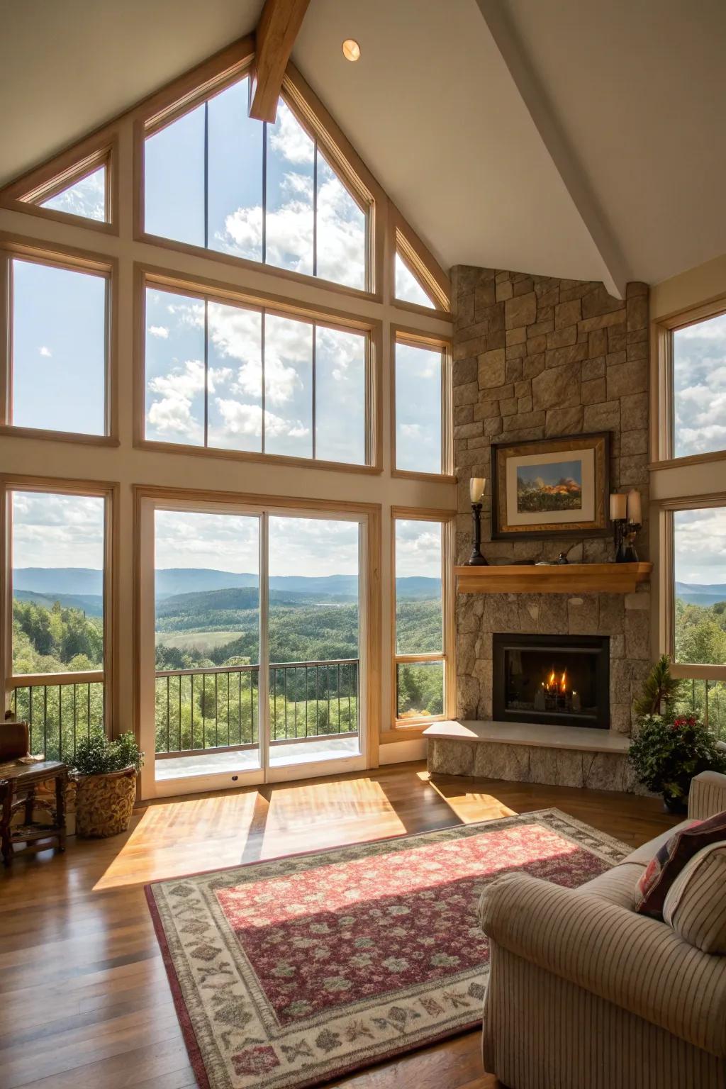 Sunlight bathes this room, highlighting the central fireplace's beautiful design.