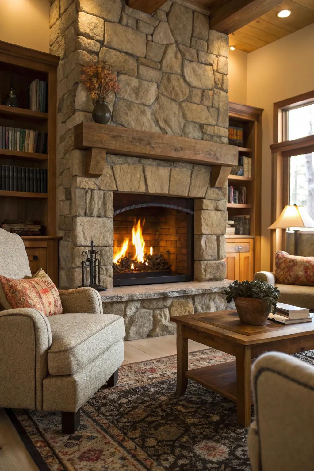 Authentic rock provides the fireplace with an organic and ageless appeal.