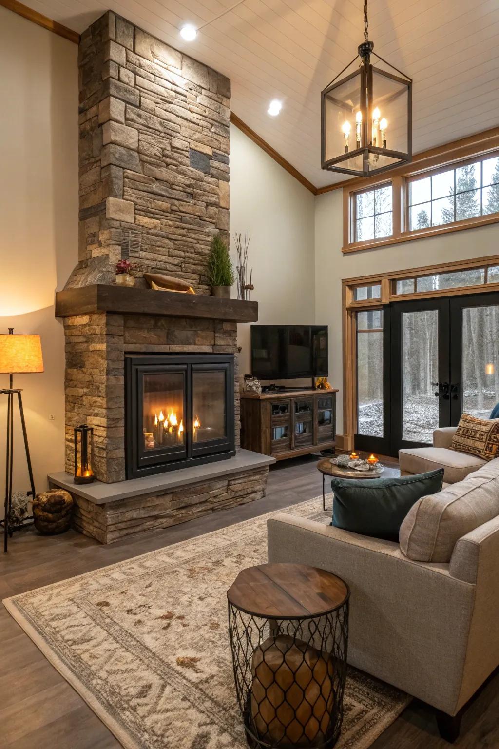 A welcoming family room featuring a refined glass-encased fireplace.