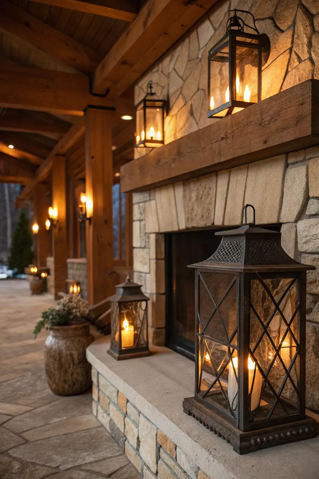 Lanterns give your fireplace a hint of countryside allure.