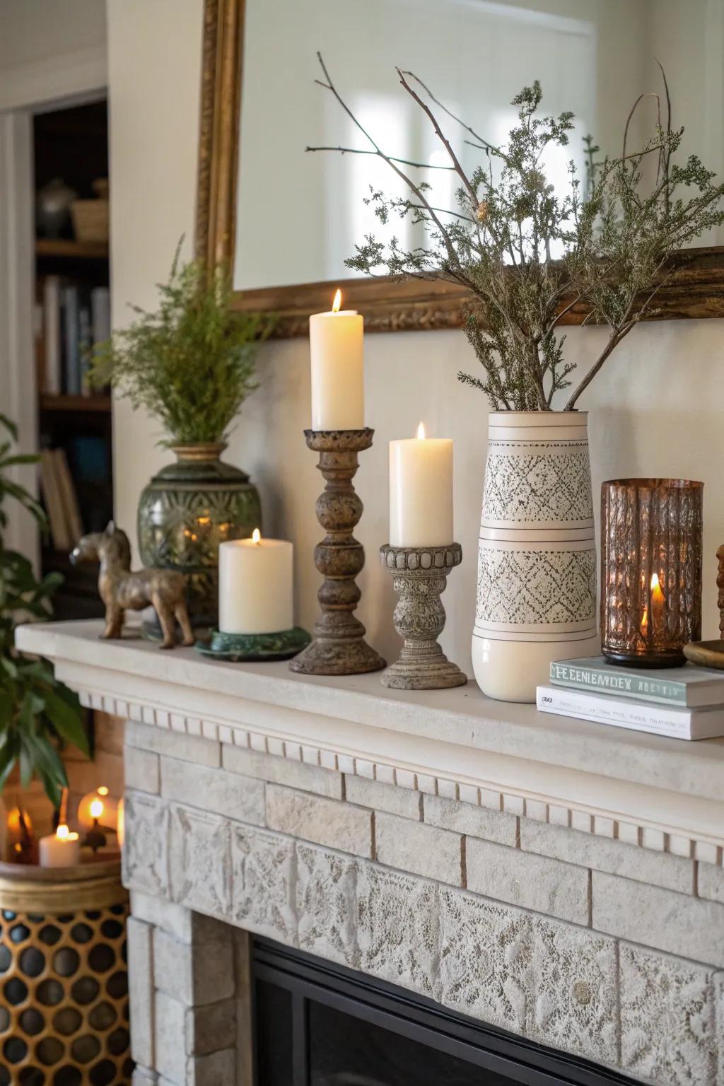 A multi-layered mantel display with candles and vases adding texture.