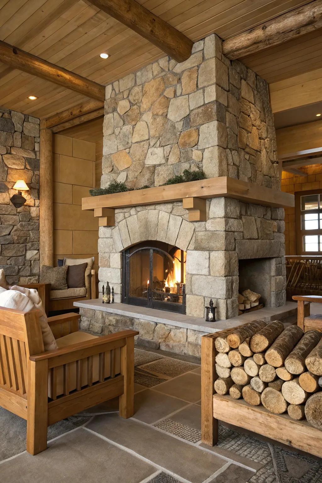Natural stone tiles impart a rustic allure to this inviting fireplace.