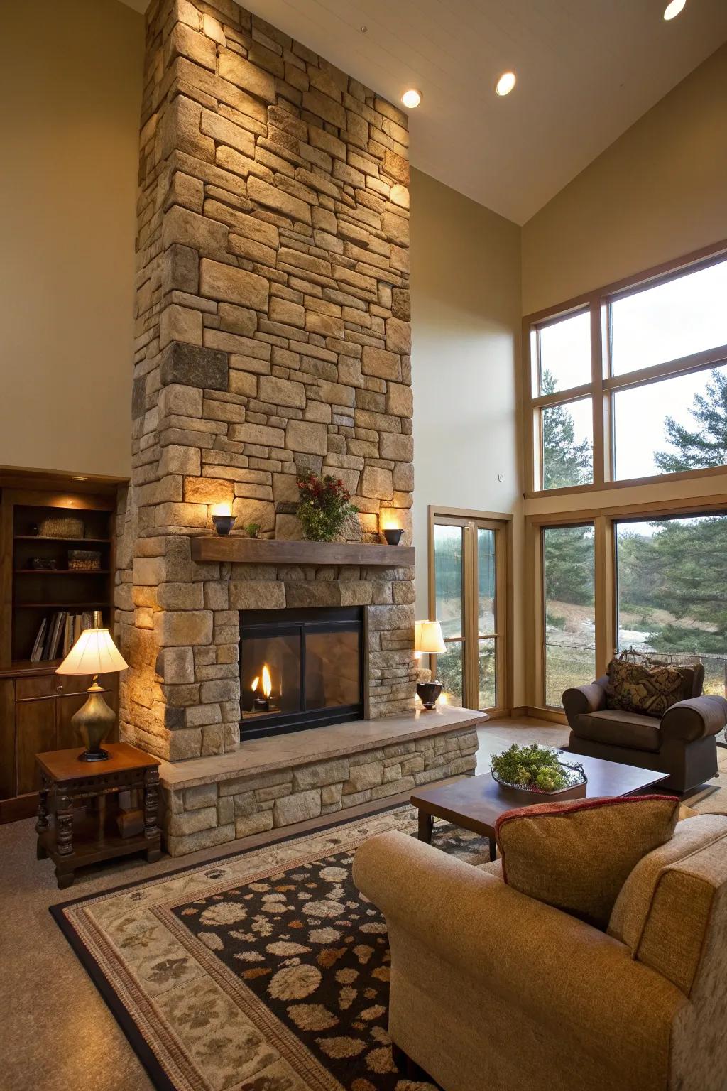 This striking stone fireplace wall demands attention.