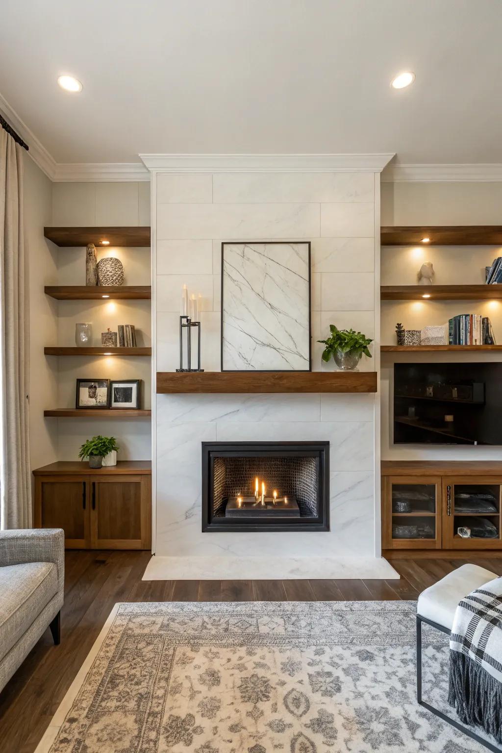 Embrace modern simplicity with clean shelves and an understated hearth.