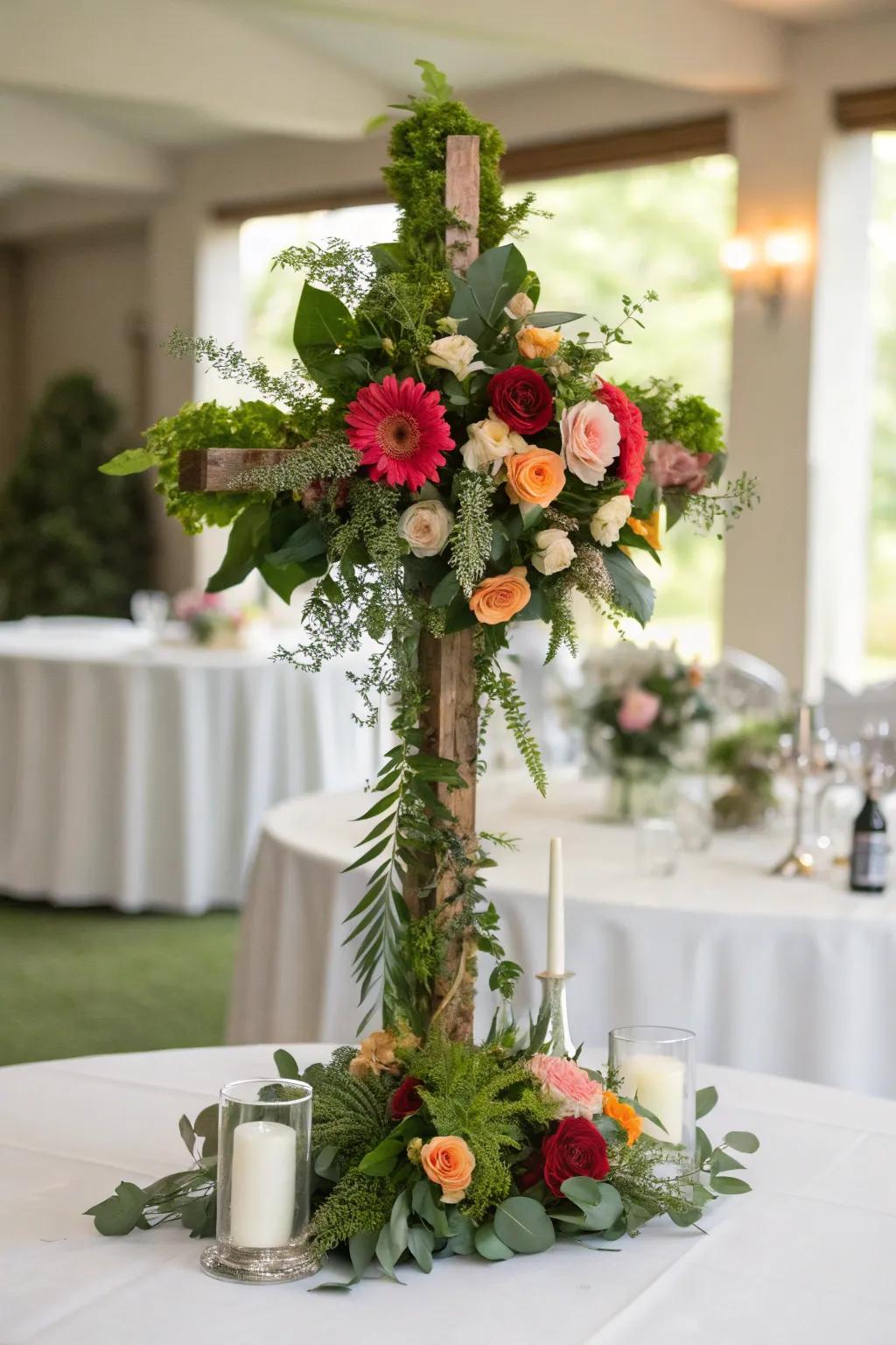 A bloom-covered cross centerpiece introduces an elegant and meaningful element to the table.