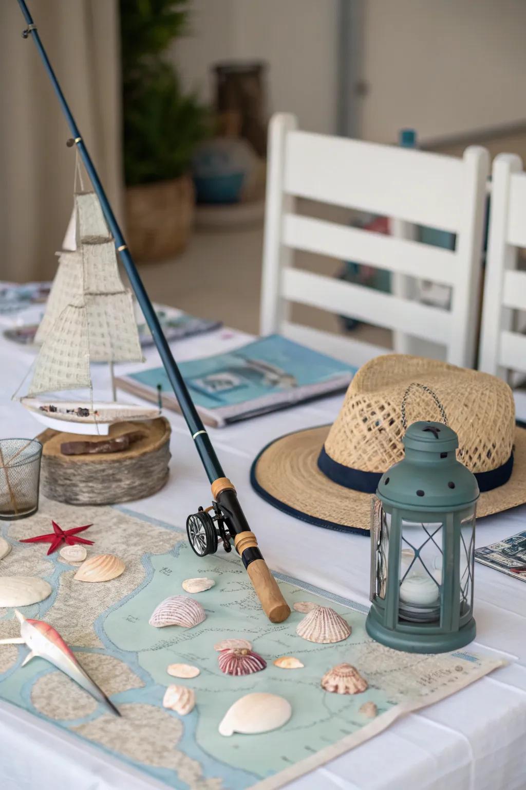 An angling pole centerpiece transports the ocean to your eating experience.