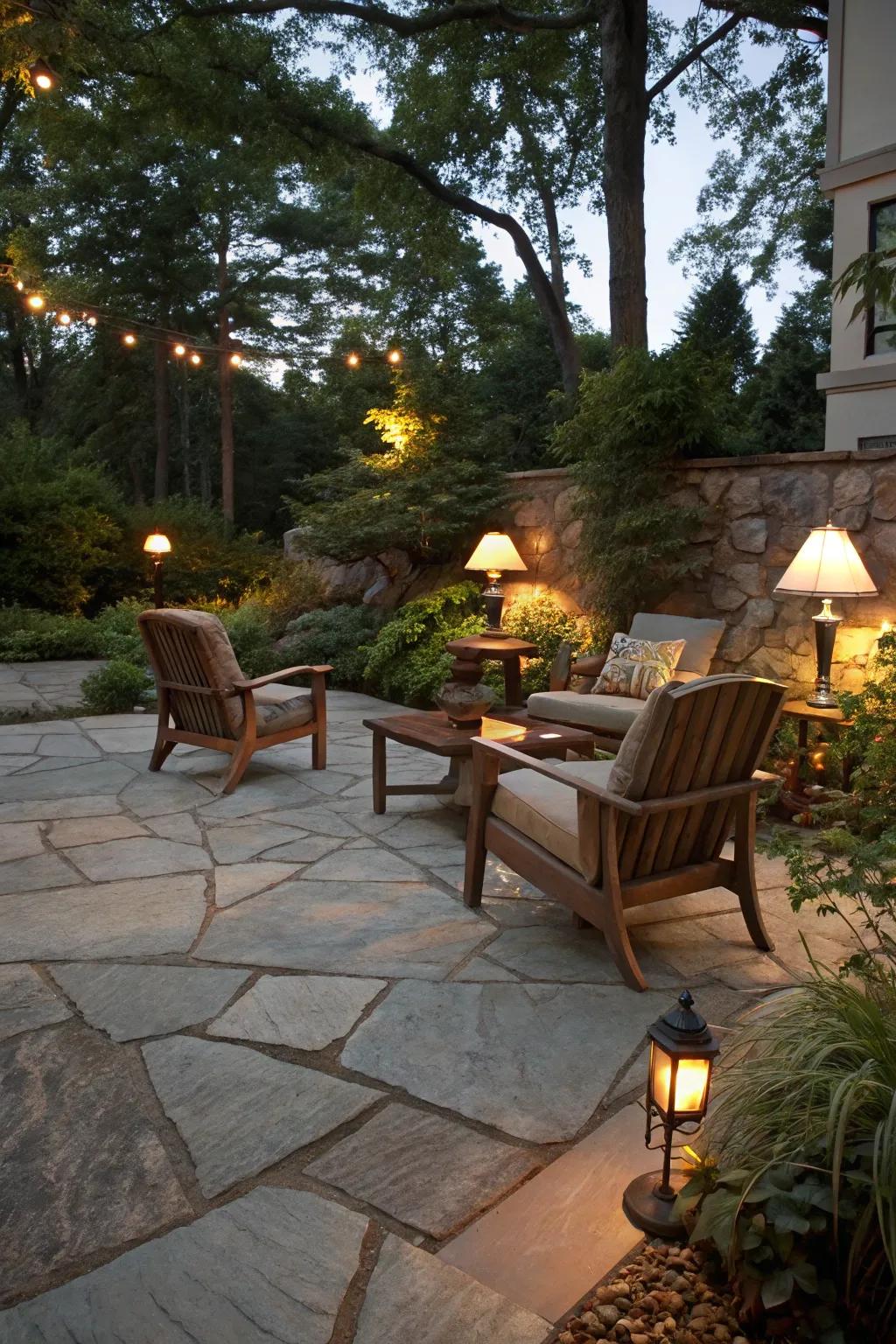 A flagstone patio designed for relaxation and comfort.