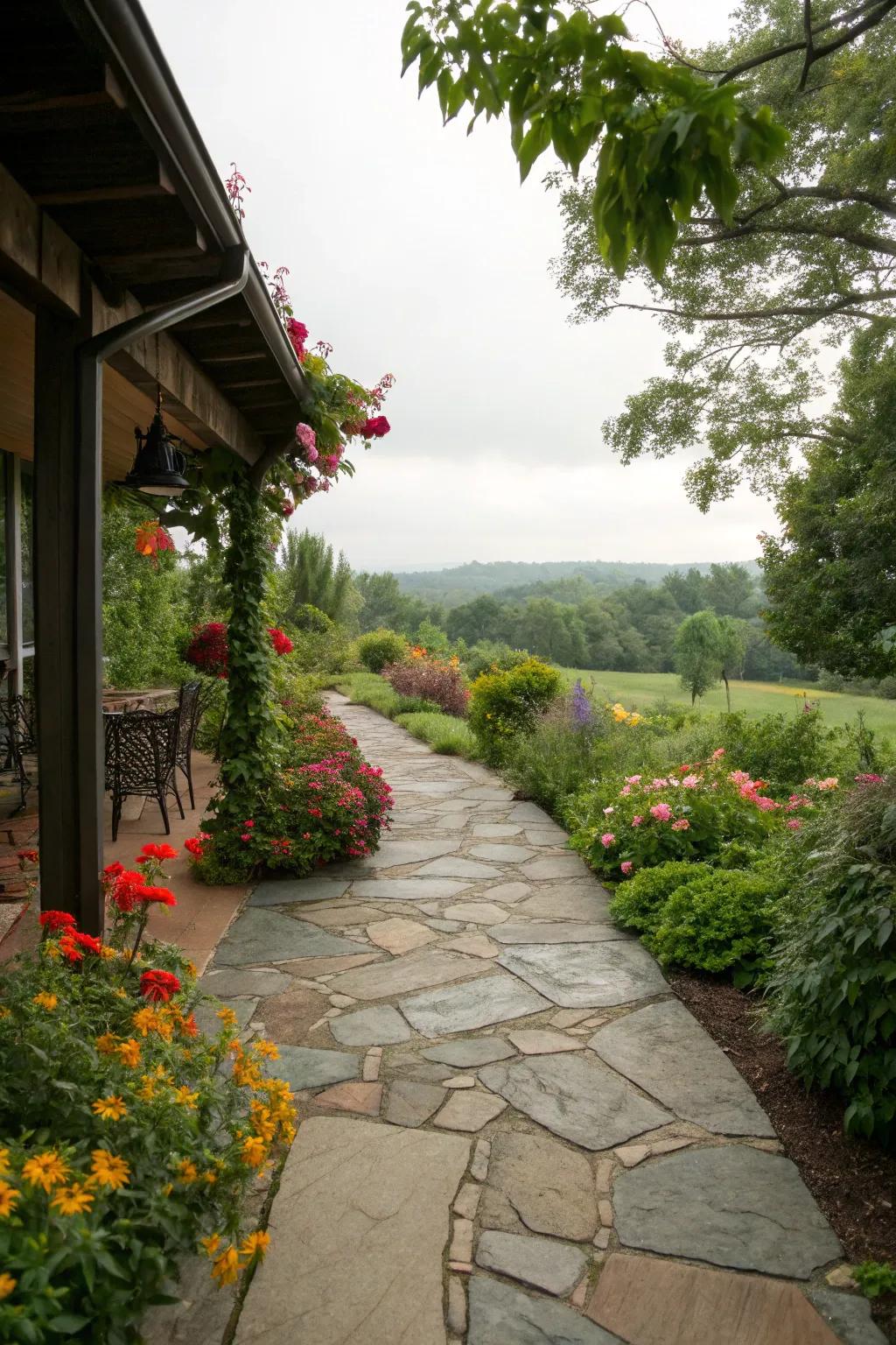 A natural flagstone pathway enhances the appeal of the garden.