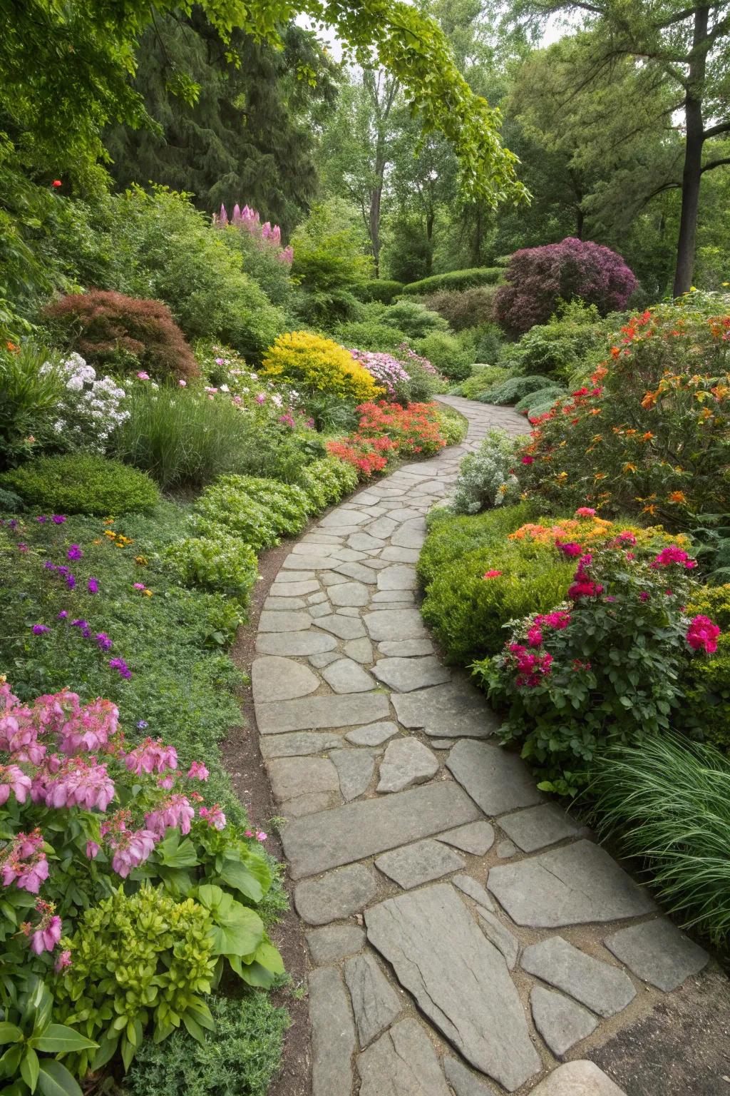 A sandstone pathway harmoniously interwoven within a lively floral panorama.
