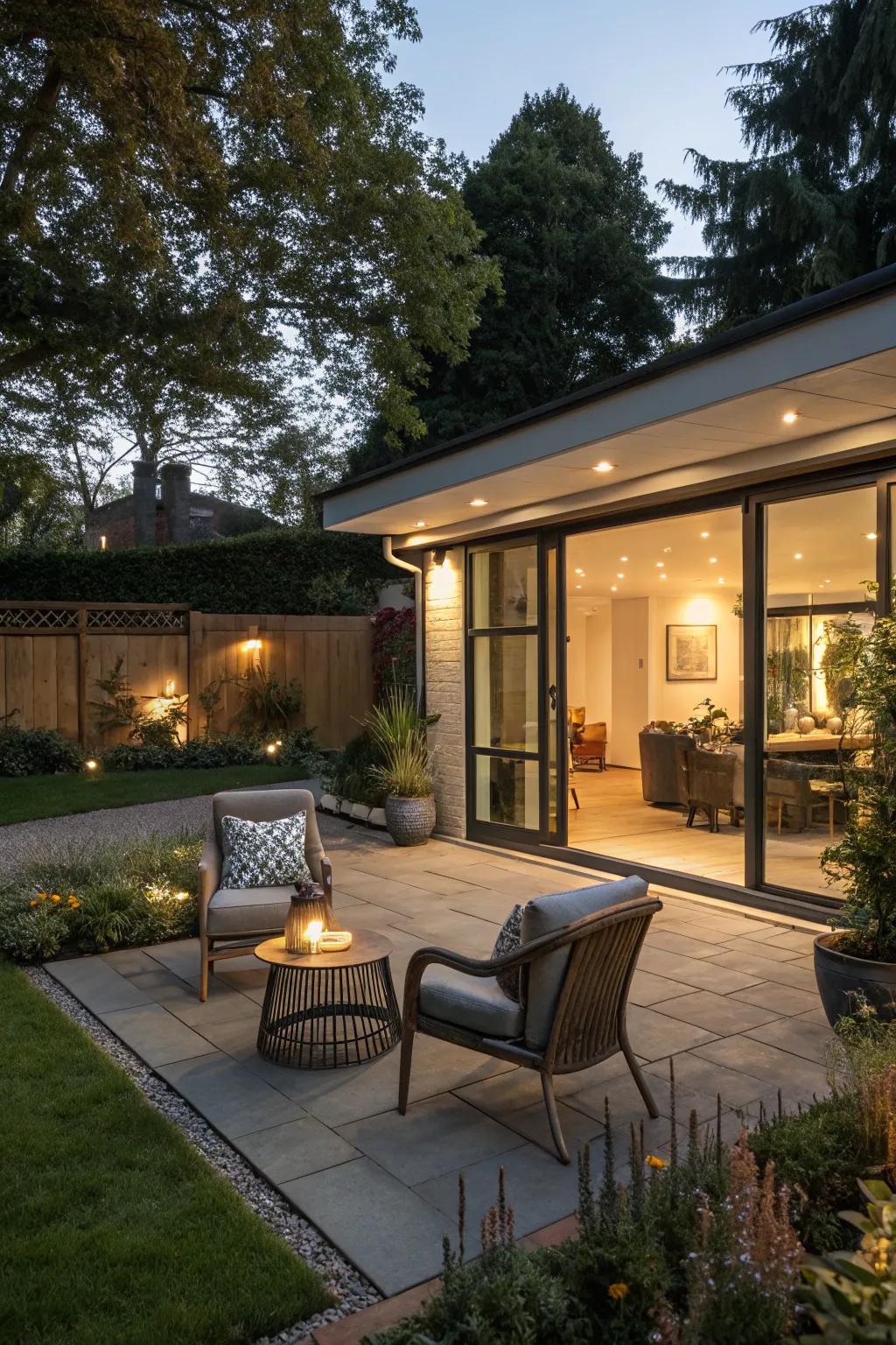 An outdoor social spot on a flat roof garage is excellent for hosting visitors.