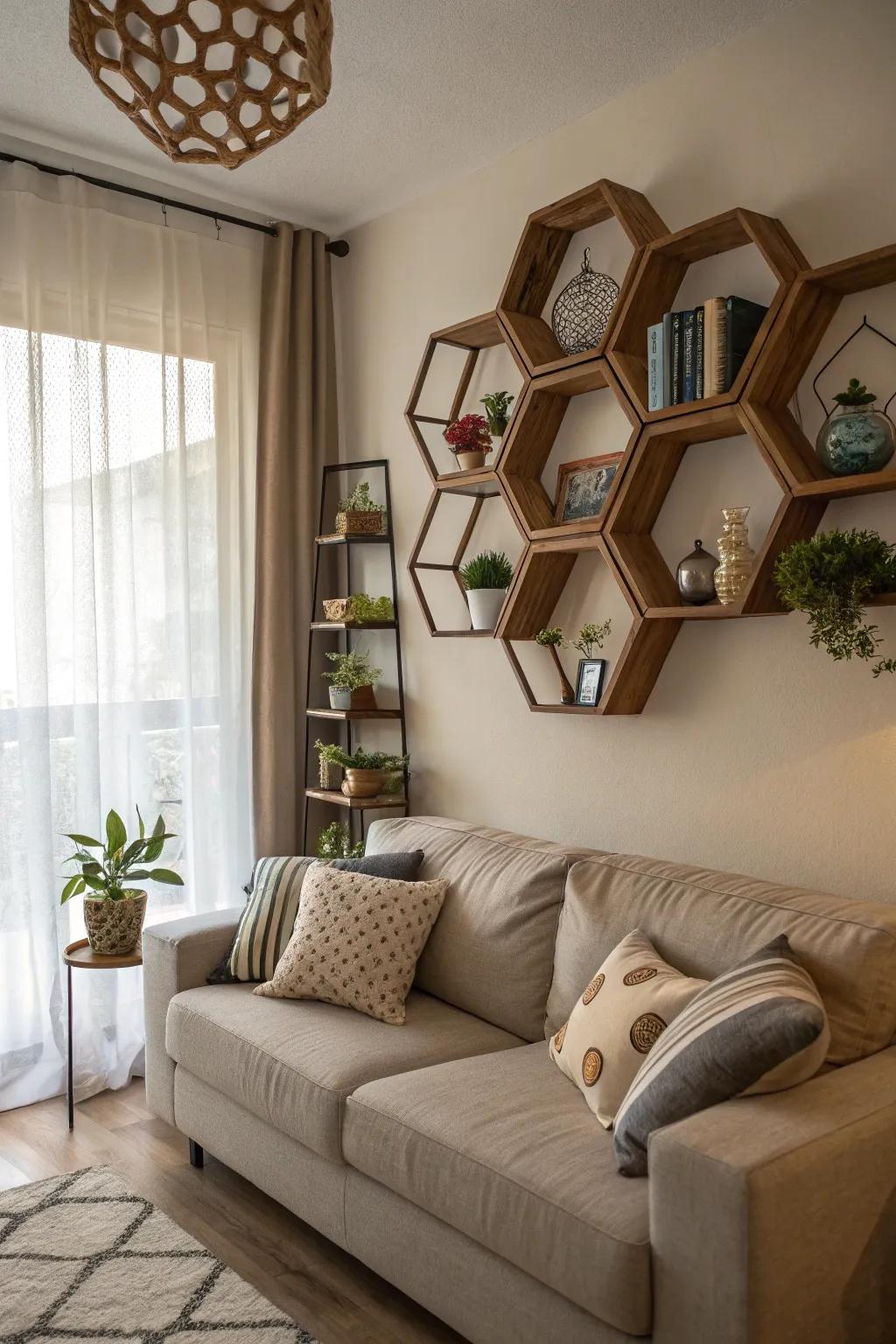 Geometric shelves introduce a modern vibe to your living room.