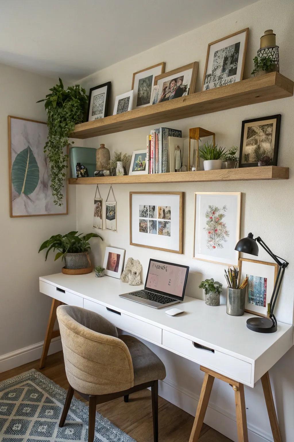 Personalize your workspace by displaying artwork on floating shelves.