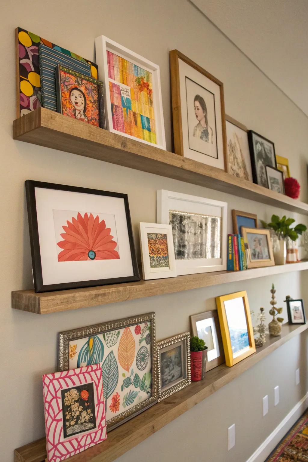 An artful display using floating shelves to showcase framed photos and art.