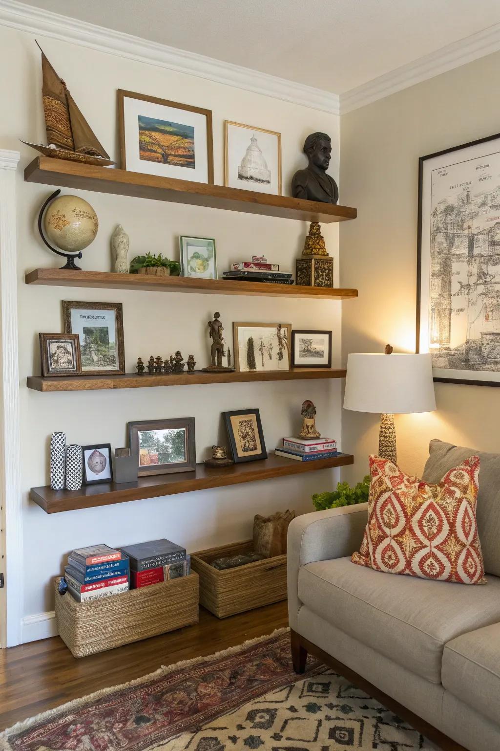 A diverse array of decor on floating shelves