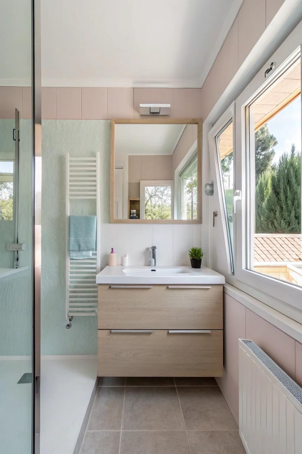 A small bathroom featuring an area-maximizing mounted vanity in pale tones.
