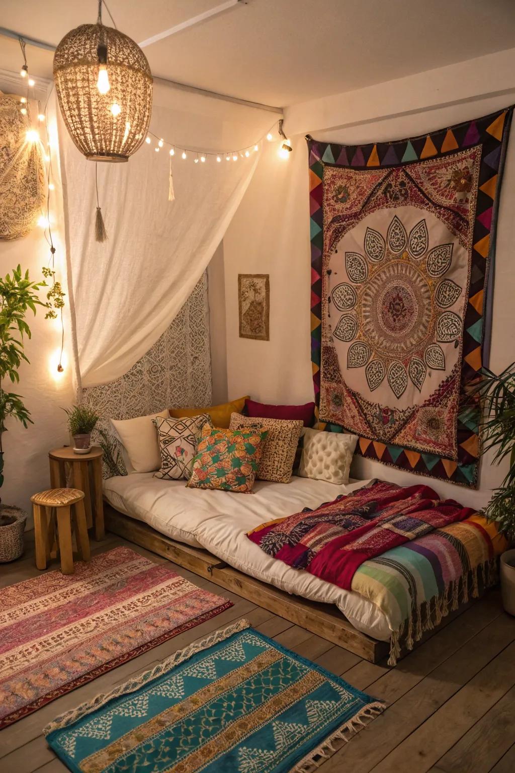 Bohemian style infuses color and individuality into a small bedroom.