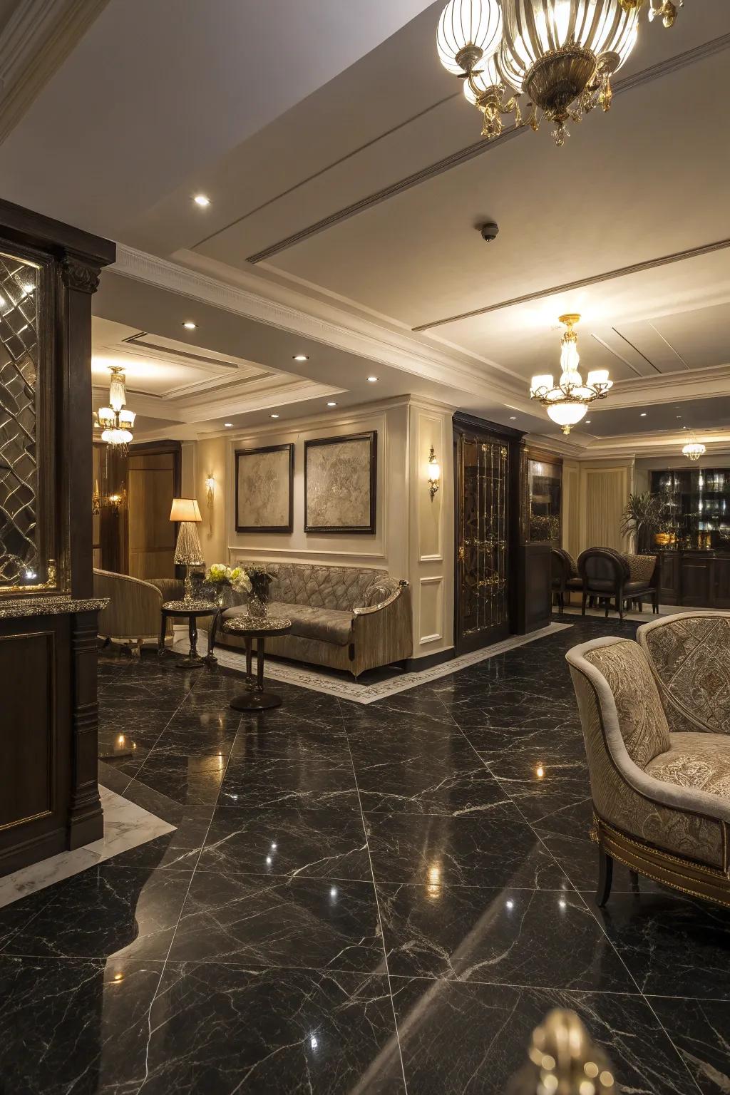 Dark marble flooring infuses luxury and richness in your basement.