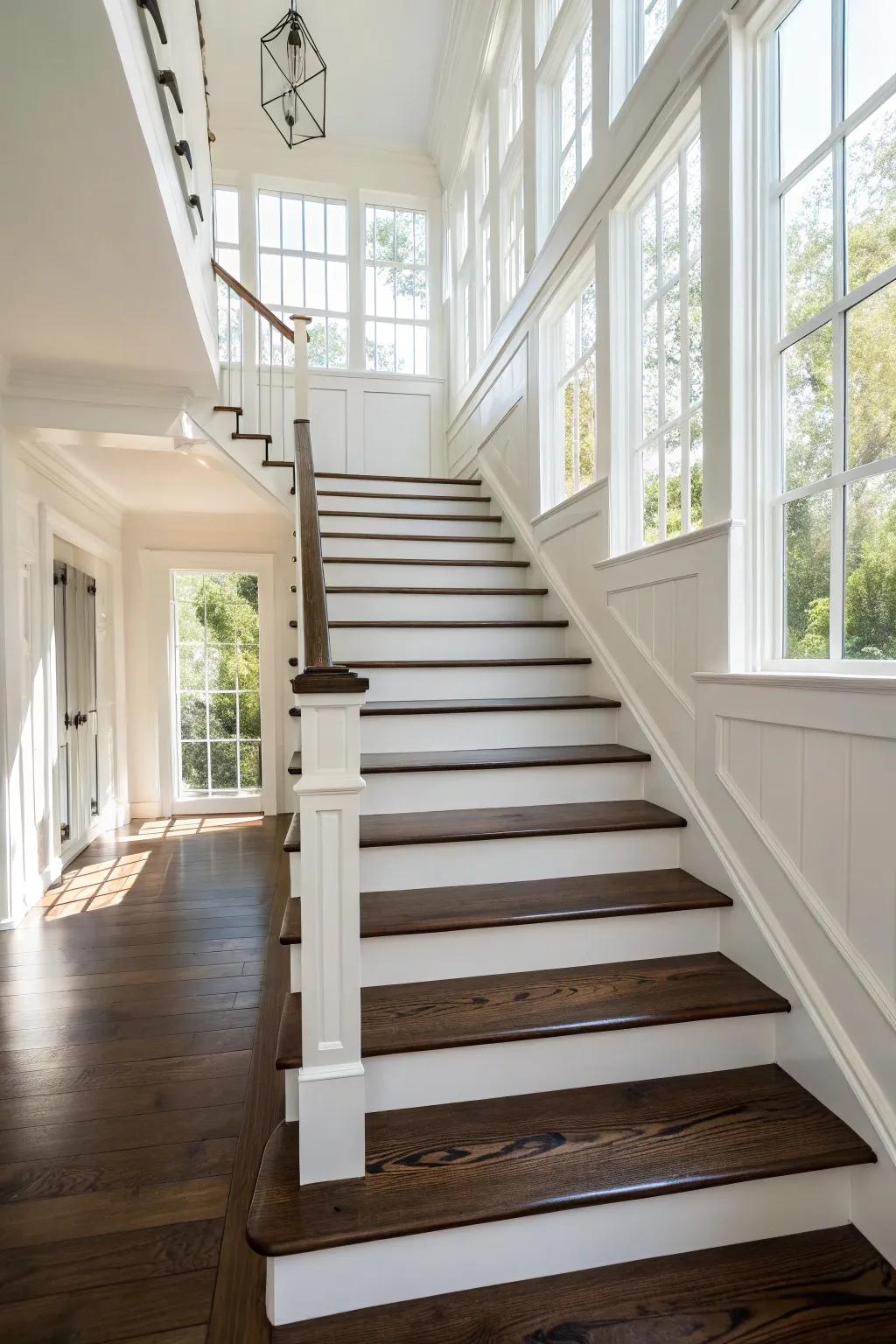 Dark wood steps paired with light risers create a visually appealing contrast.