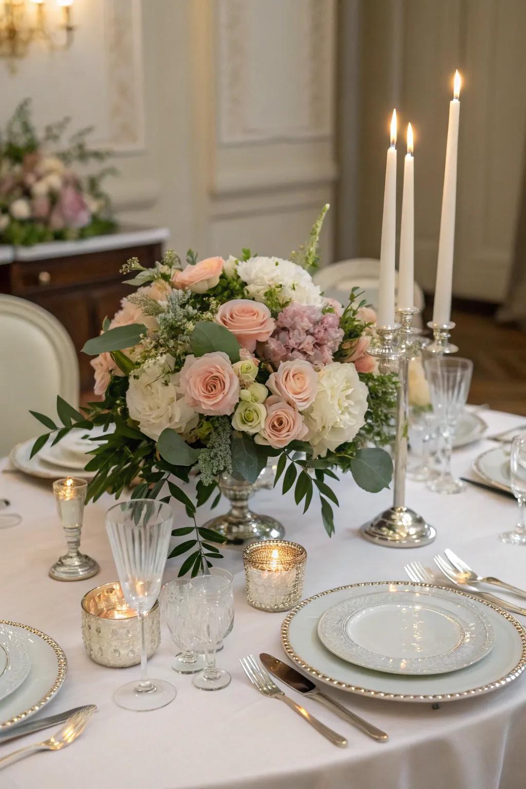 An elegant floral centerpiece paired with polished dinnerware on a formal dining table.