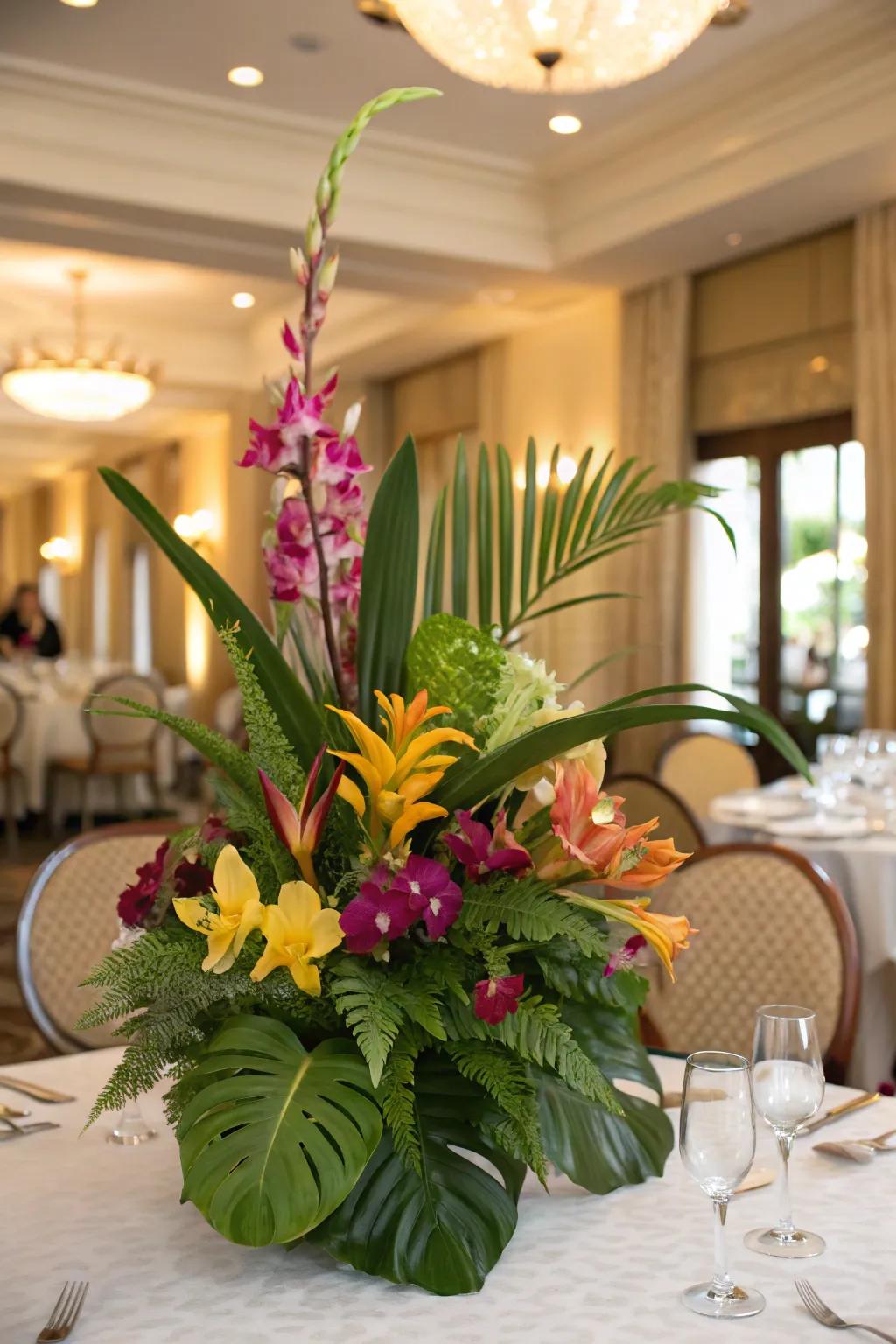 Exotic floral centerpiece with exotic florals and greenery, crafting a mini escape on your table.
