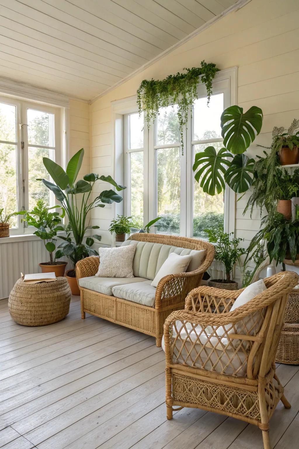 Natural materials such as wicker and rattan create a warm sensation.