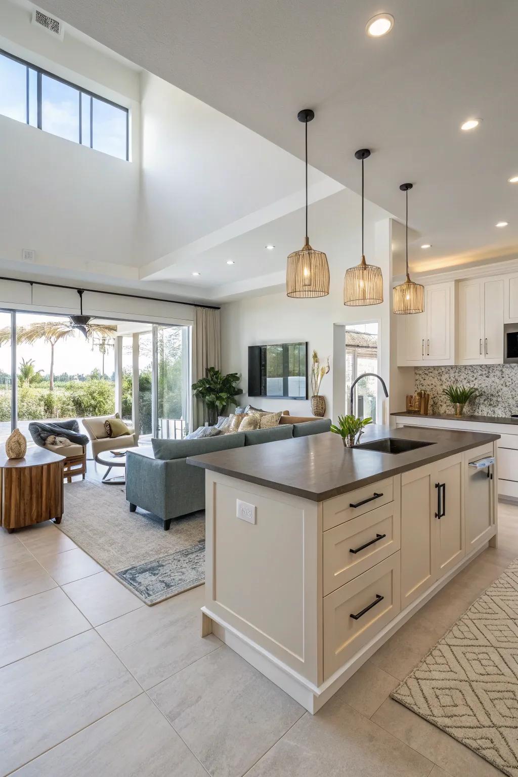 An open floor plan that seamlessly combines the kitchen with the living area.