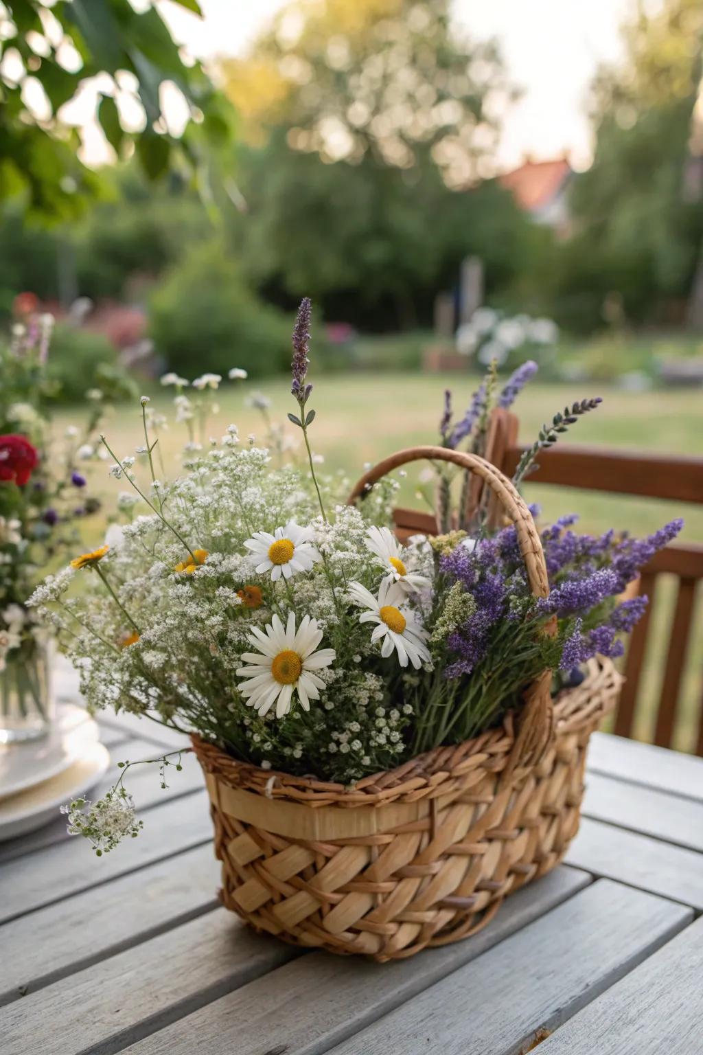 A captivating wildflower basket reminiscent of a springtime meadow.