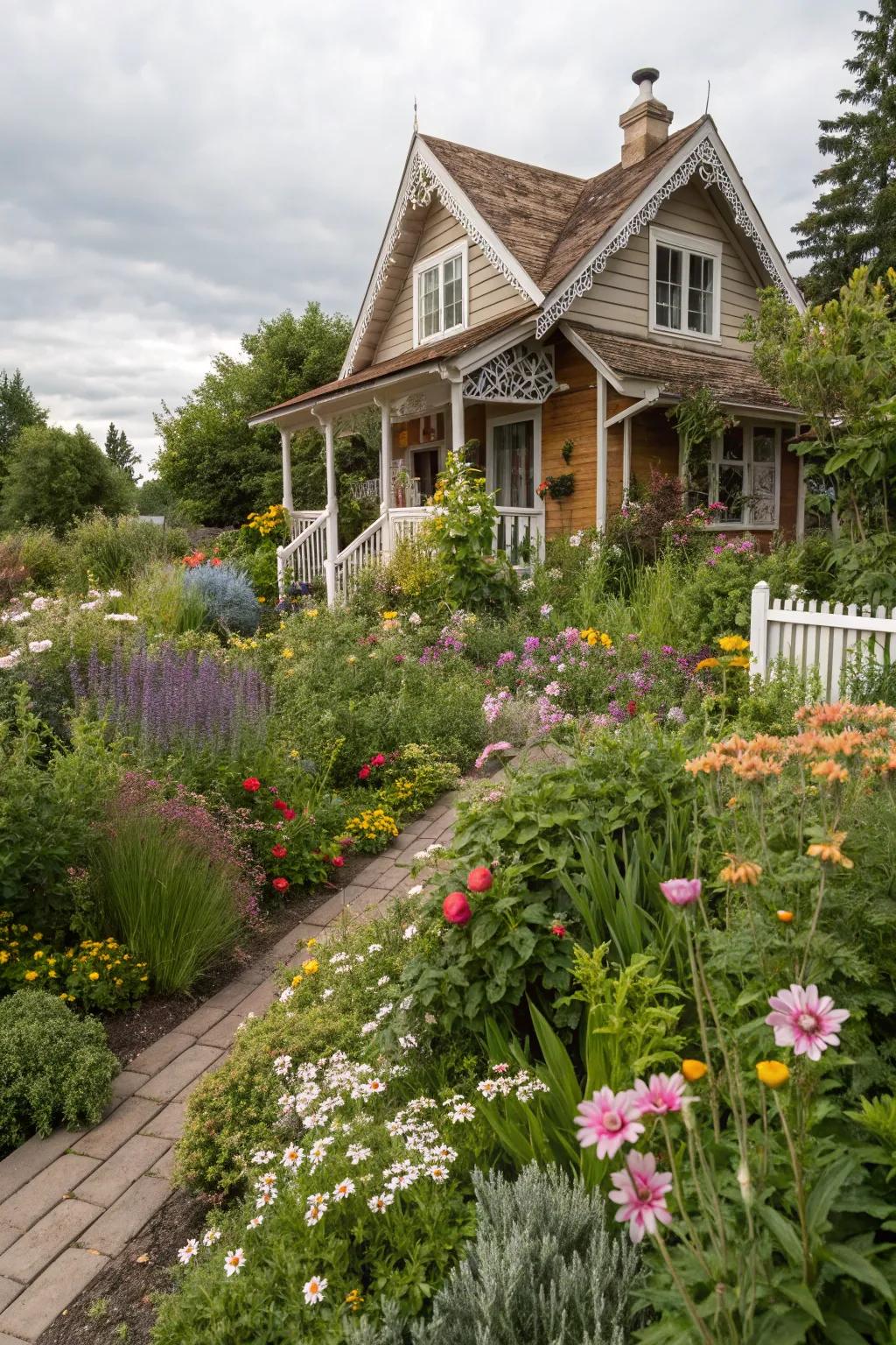 A whimsical country garden brimming with a mix of flowers and rich greenery.