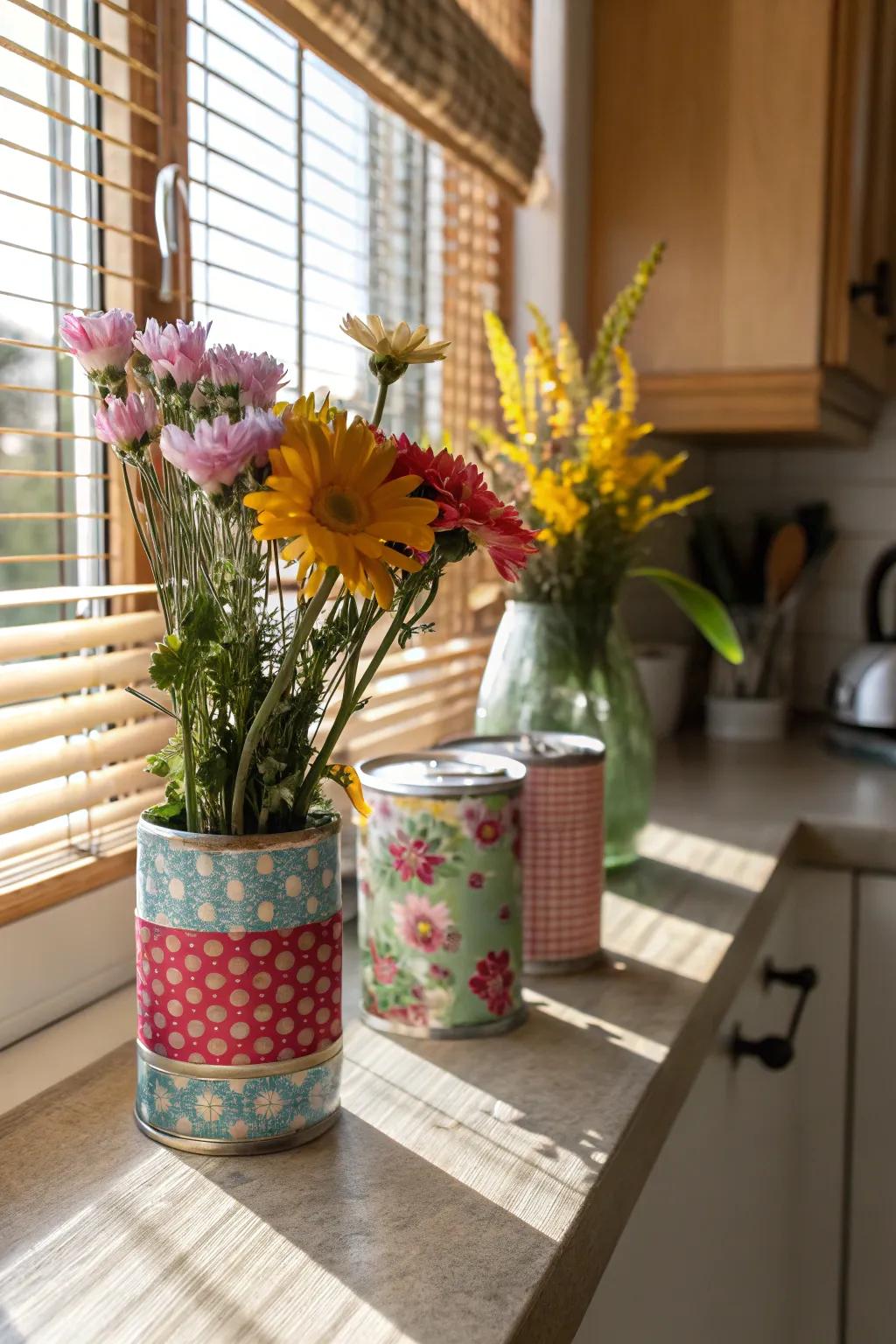 Give metal cans a new purpose as alluring flower holders showcasing your personal flair.