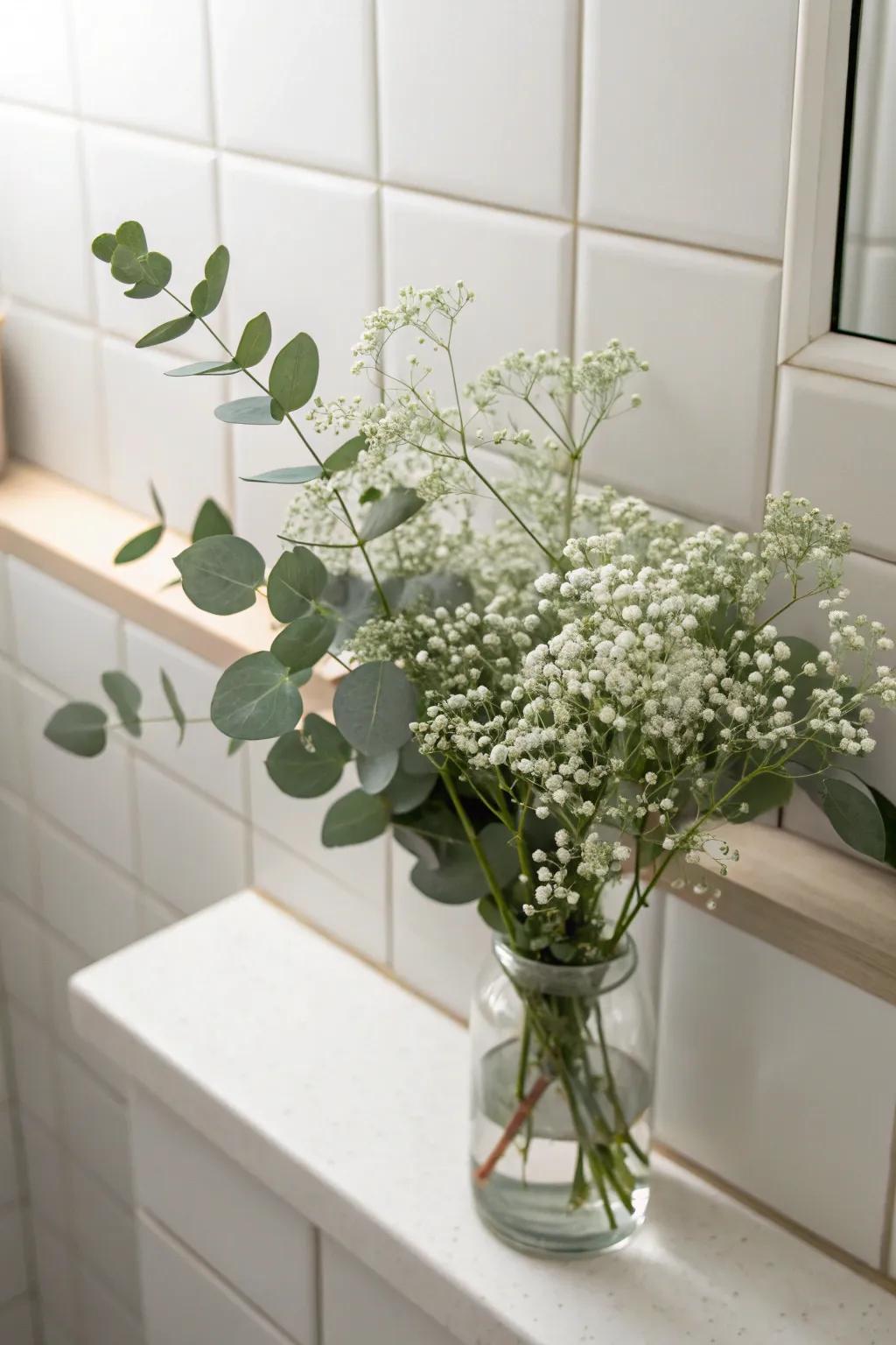 Fragile baby’s breath and eucalyptus on a bathroom shelf.